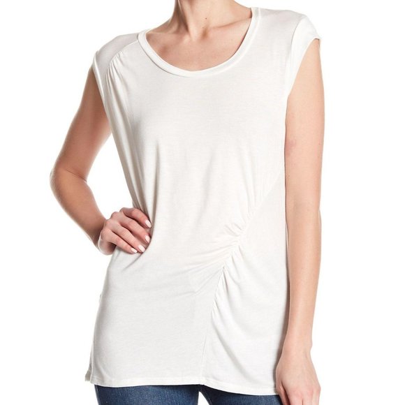 H by Bordeaux off white ivory cap sleeve ruched short sleeve tee extra large - Picture 1 of 12